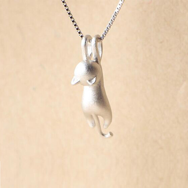Minimalist Hanging Cat Pendant 925 Silver Necklace for Women