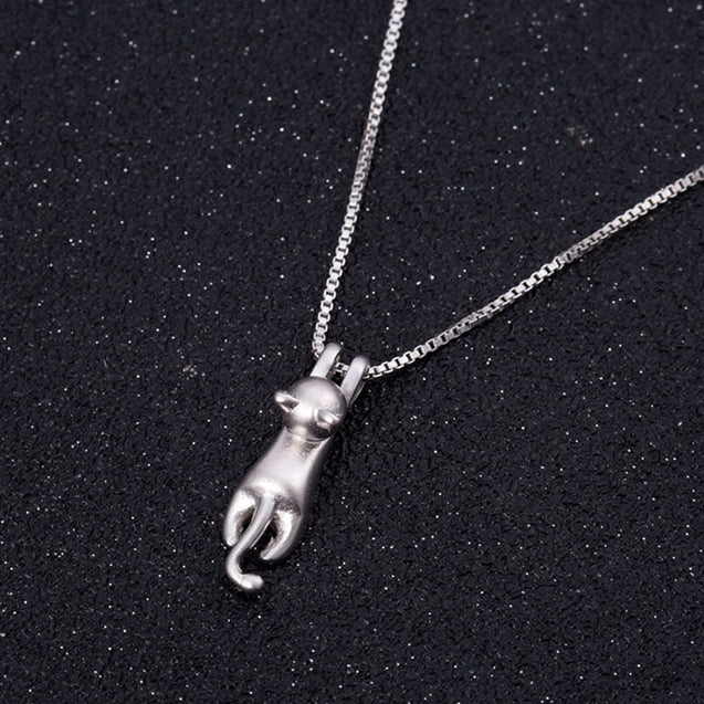 Minimalist Hanging Cat Pendant 925 Silver Necklace for Women