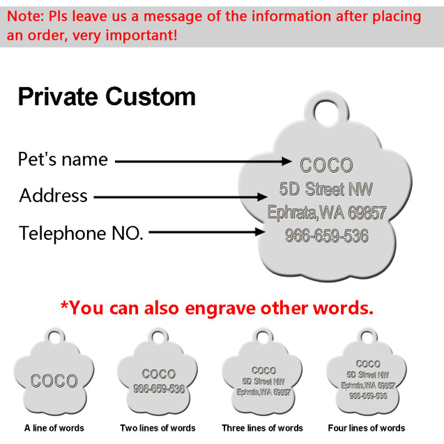 Personalized Paw Shaped Glitter  Engraved Pet ID Tag Pendant