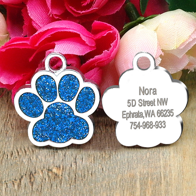 Personalized Paw Shaped Glitter  Engraved Pet ID Tag Pendant