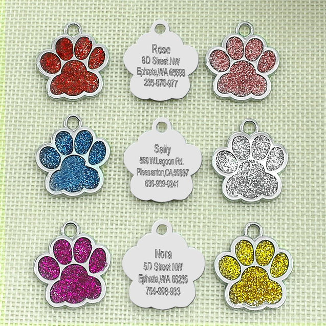 Personalized Paw Shaped Glitter  Engraved Pet ID Tag Pendant