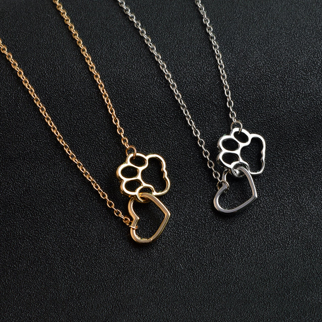 Linked Heart and Paw Pendant Necklace