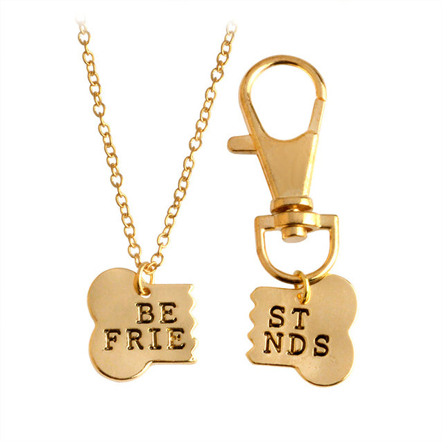 Best Friends Broken Dog Bone Pendant Necklace & Keychain Set