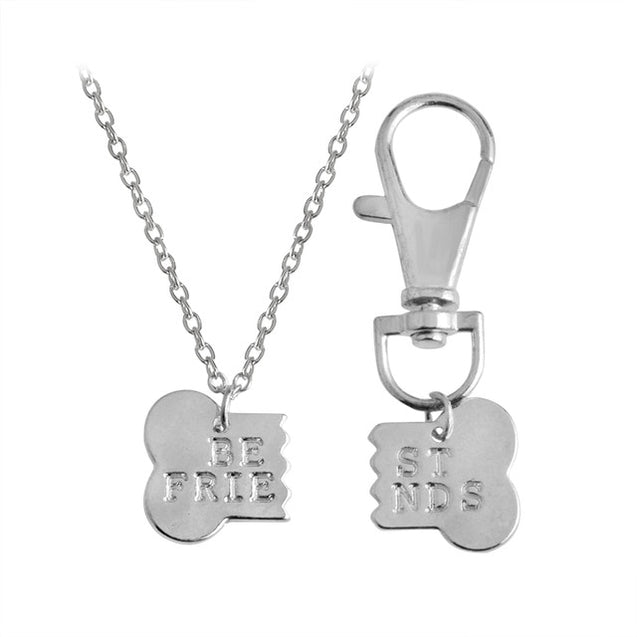 Best Friends Broken Dog Bone Pendant Necklace & Keychain Set