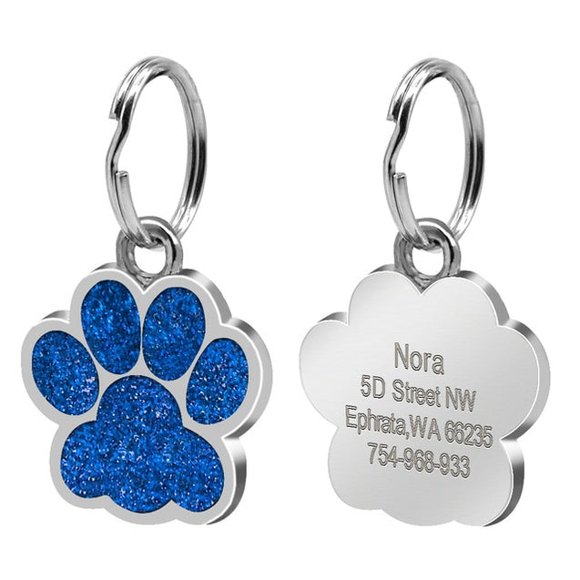 Personalized Paw Shaped Glitter  Engraved Pet ID Tag Pendant