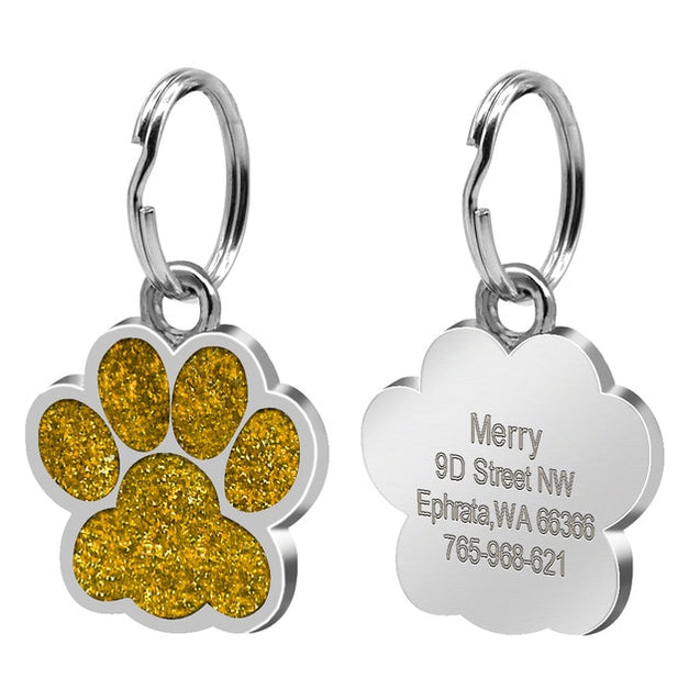 Personalized Paw Shaped Glitter  Engraved Pet ID Tag Pendant