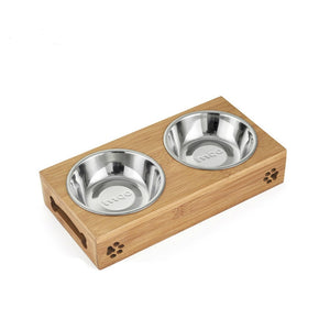 Stainless Steel  Double Bowl Wood Rack Feeder