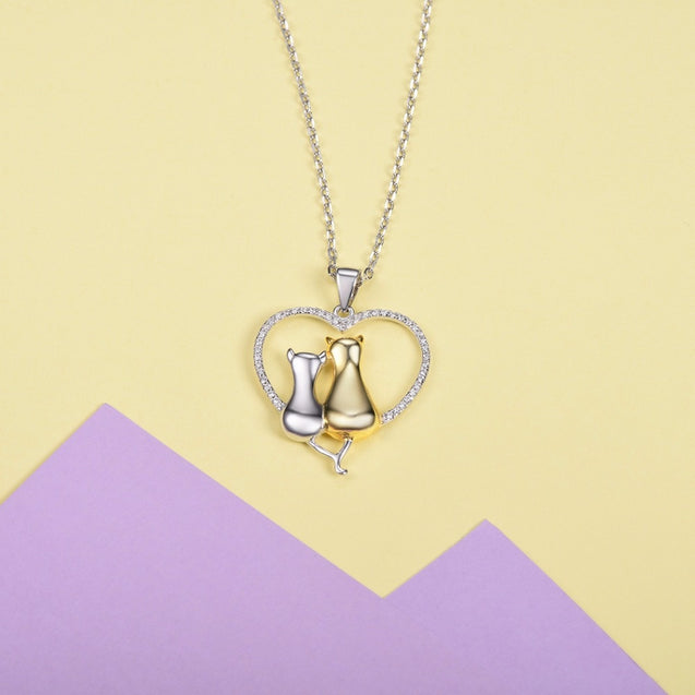 Two Cats Inside Heart Necklace