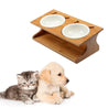 Ceramic Double Bowl Wood Rack Pet Feeder