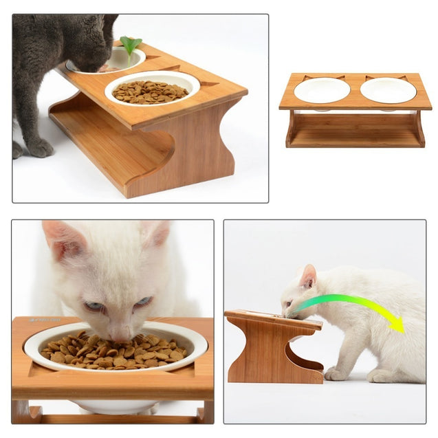 Ceramic Double Bowl Wood Rack Pet Feeder