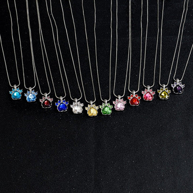 Birthstone & Paw Pendant Snake Chain Necklace