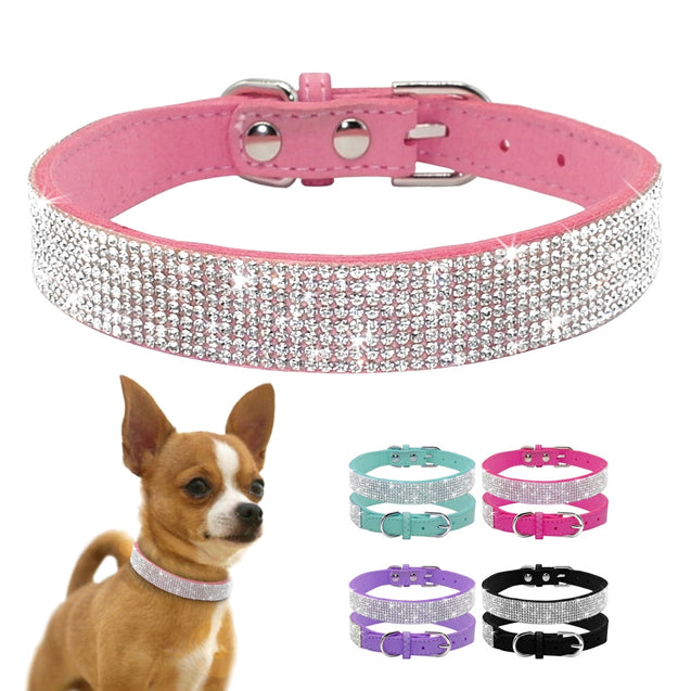 Adjustable Rhinestone Suede Soft Leather Pet Collar