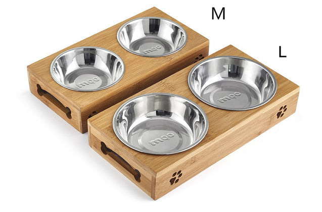 Stainless Steel  Double Bowl Wood Rack Feeder