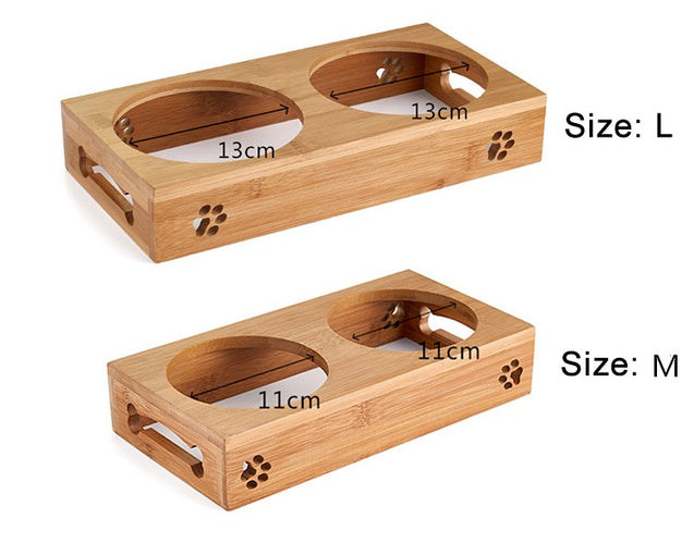 Stainless Steel  Double Bowl Wood Rack Feeder